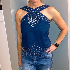 INCREDIBLE sz 4-6 Awesome 90s denim studded Halter top open back & buckle strap